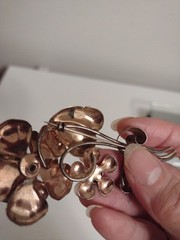Vintage 195Os Sterling Silver Vermeil AT Rhinestone Flower Brooch Pin 4″ 17.3g