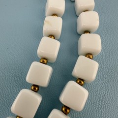 Vintage White Milk Glass Necklace Double Strand Square Shape Bead Retro Mod 18″