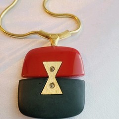 LANVIN PARIS 1970s Red & Black Mod Runway Pendant Gold Plate Necklace RARE EUC