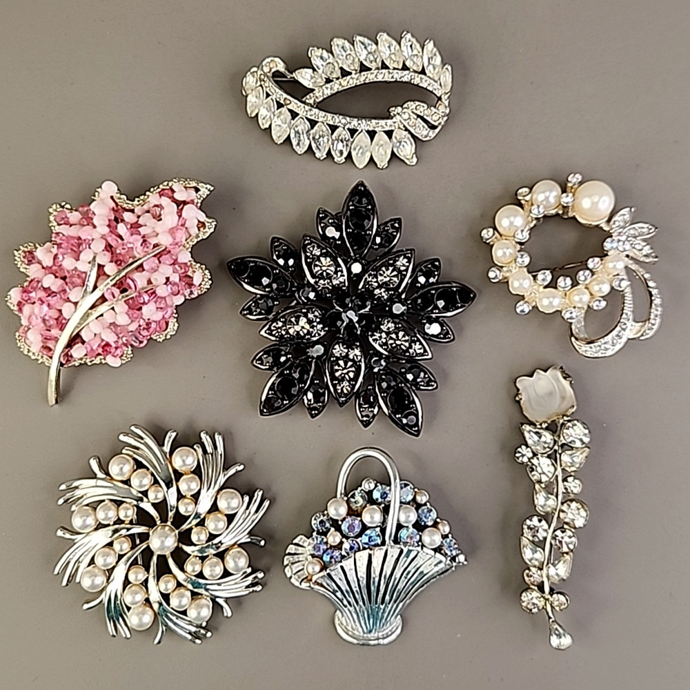 Vintage Rhinestone Brooch Lot of 7 Flower Leaf Basket Faux Pearls AB Blue Pink