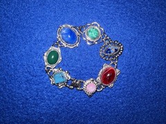 Sarah Coventry Signed Silver Tone Colorful Stone Link Bracelet Jewelry 7.5”