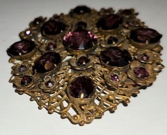 Vintage Oval Floral Brooch Magenta Purple Rhinestone Mid Century Gold Tone Metal