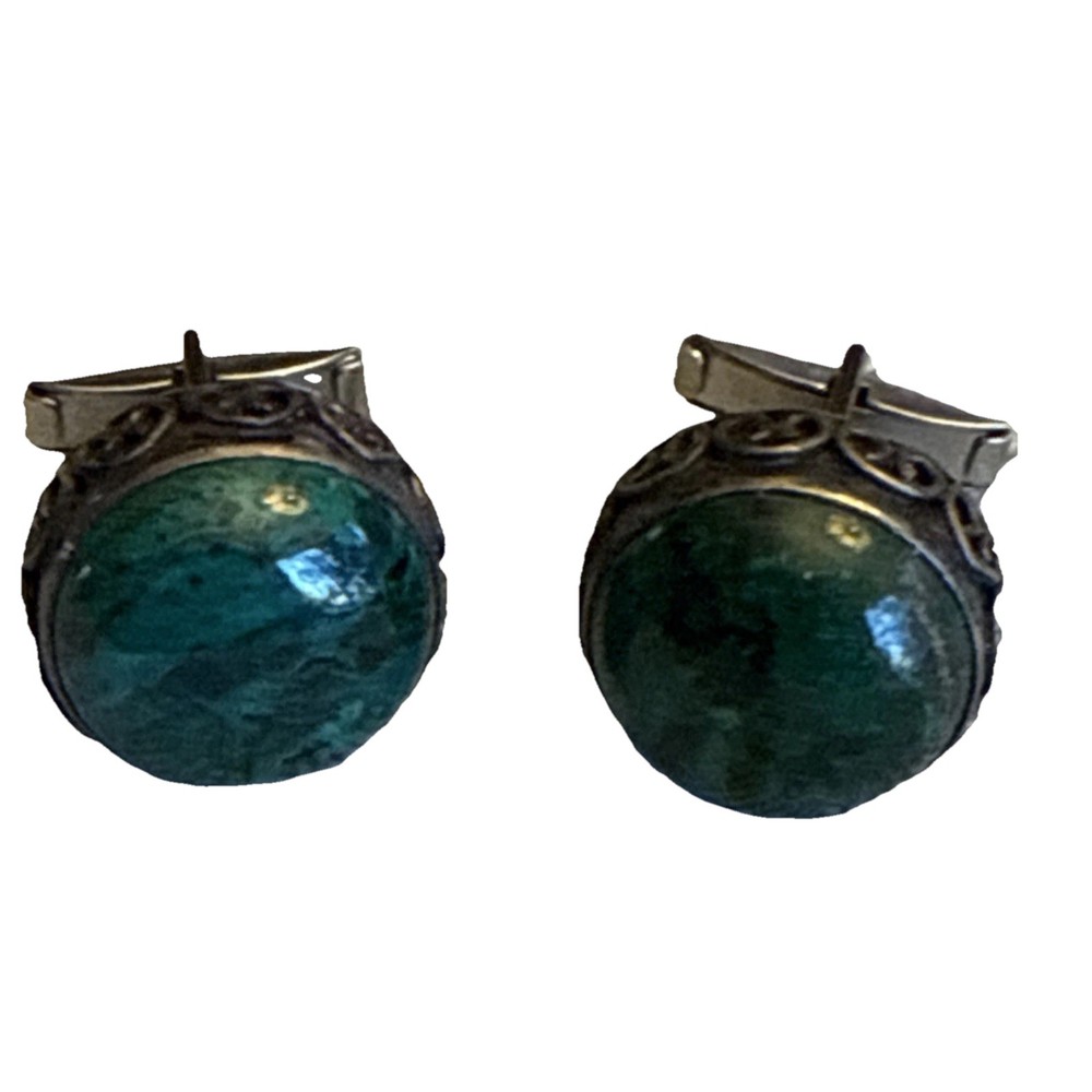Vintage Malachite Cabochon Brass Bullet Back Cufflinks Green Stone Fashion