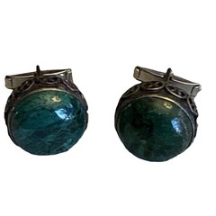 Vintage Malachite Cabochon Brass Bullet Back Cufflinks Green Stone Fashion