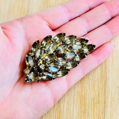 VTG Leaf Jeweled Brooch Marquise Smoky Gray Crystal Rhinestone Floral 60s