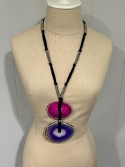 Vintage 2010 YVES SAINT LAURENT Pink Purple Agate Disc Pendant Necklace