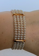 Vintage 4 Strand Faux Pearl Goldtone Tension Cuff Bracelet 7.5 in