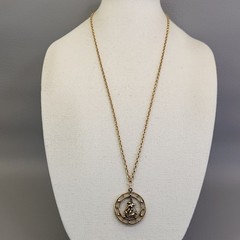 Vintage Celebrity Necklace Zodiac Round Pendant Antiqued Gold Tone Astrology 30″