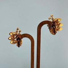 Vintage Rhinestone Clip On Earrings Orange Yellow Frosted Lucite Flower Climbers