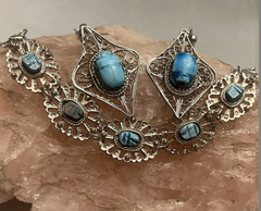 Vintage Egyptian Revival Turquoise Scarab Silver Filigree Bracelet/Earrings Set