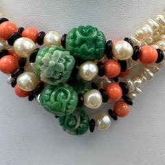 Kenneth Jay Lane KJL 6 Strand Asian Style Faux Pearl Jade Onyx Necklace