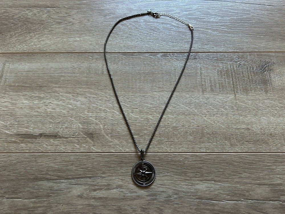 Dark Silver Tone JCM Brass CZ Compass Pendant Necklace
