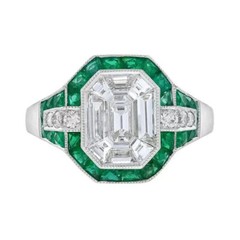 Art Deco Asscher Cut Halo Ring 2 Ct Lab Created Emerald 14k White Gold Over