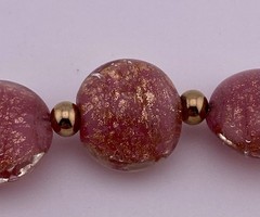 VTG MCM Handblown 24K Aventurine Pink Venetian Art Glass Beaded Necklace, Italy.