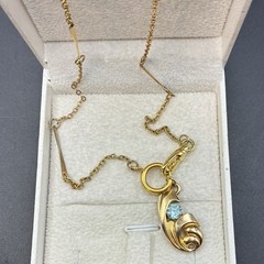 Vintage 12k GF Pocket Watch Chain FOB Necklace, Dog Clip, Blue Aquamarine Glass