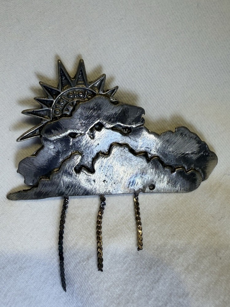 Vintage Pewter Brooch With Sun, Clouds And Rain Chains