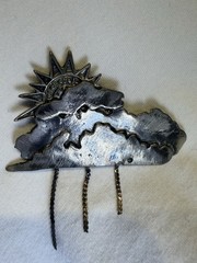 Vintage Pewter Brooch With Sun, Clouds And Rain Chains
