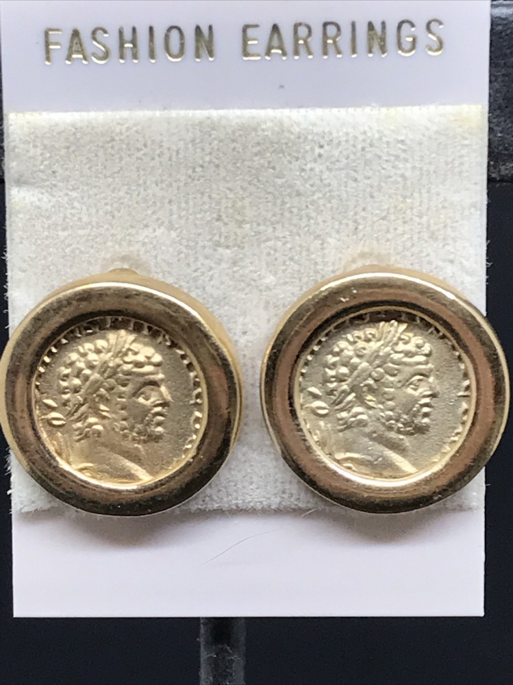 Vintage Costume Fashion Jewlery Gold tone faux Roman/Greek Coin Pierced Earring