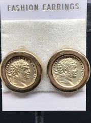 Vintage Costume Fashion Jewlery Gold tone faux Roman/Greek Coin Pierced Earring