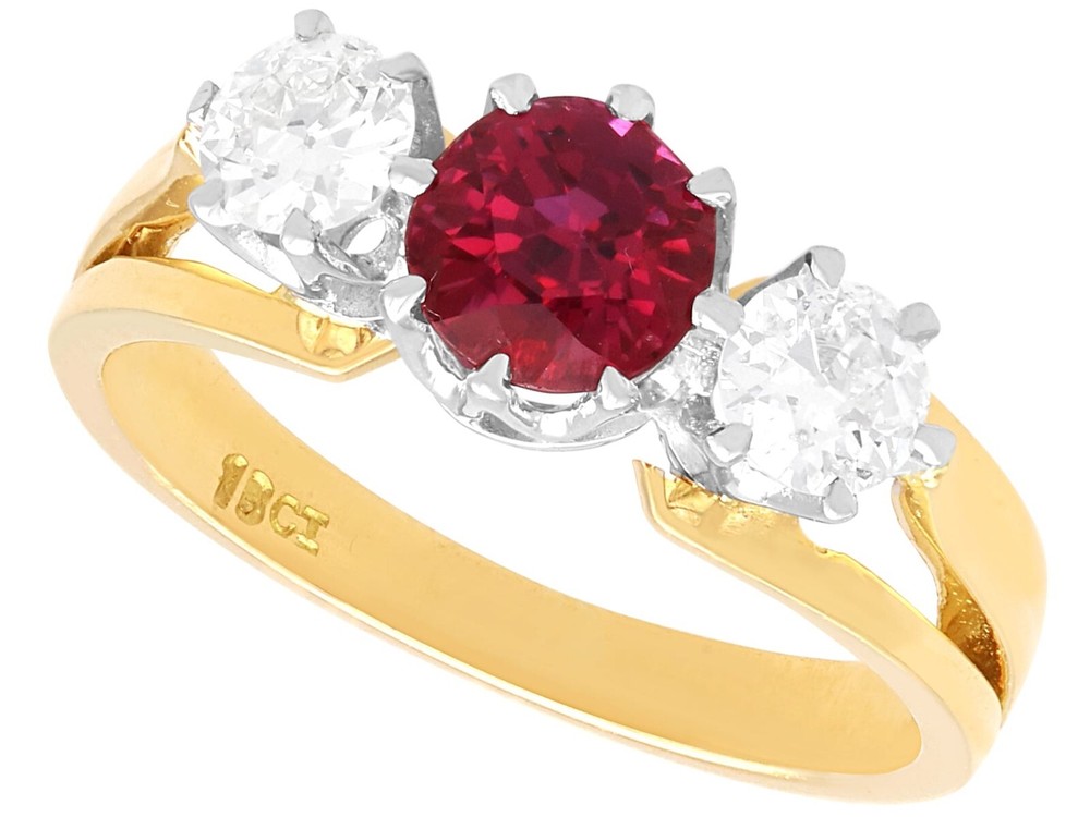 Antique and Vintage 1.29Ct Ruby and 0.60Ct Diamond 18k Yellow Gold Trilogy Ring