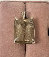 Gold Rutilated Quartz Penant Faceted Emerald Cut Four Prong Setting