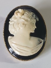Vintage Glossy Black & White Cameo Portrait Brooch w Gold-tone Frame & C-clasp