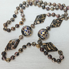 Vintage Necklace LARGE Cloisonne Bead Leopard Jasper Gemstone Knotted 33″