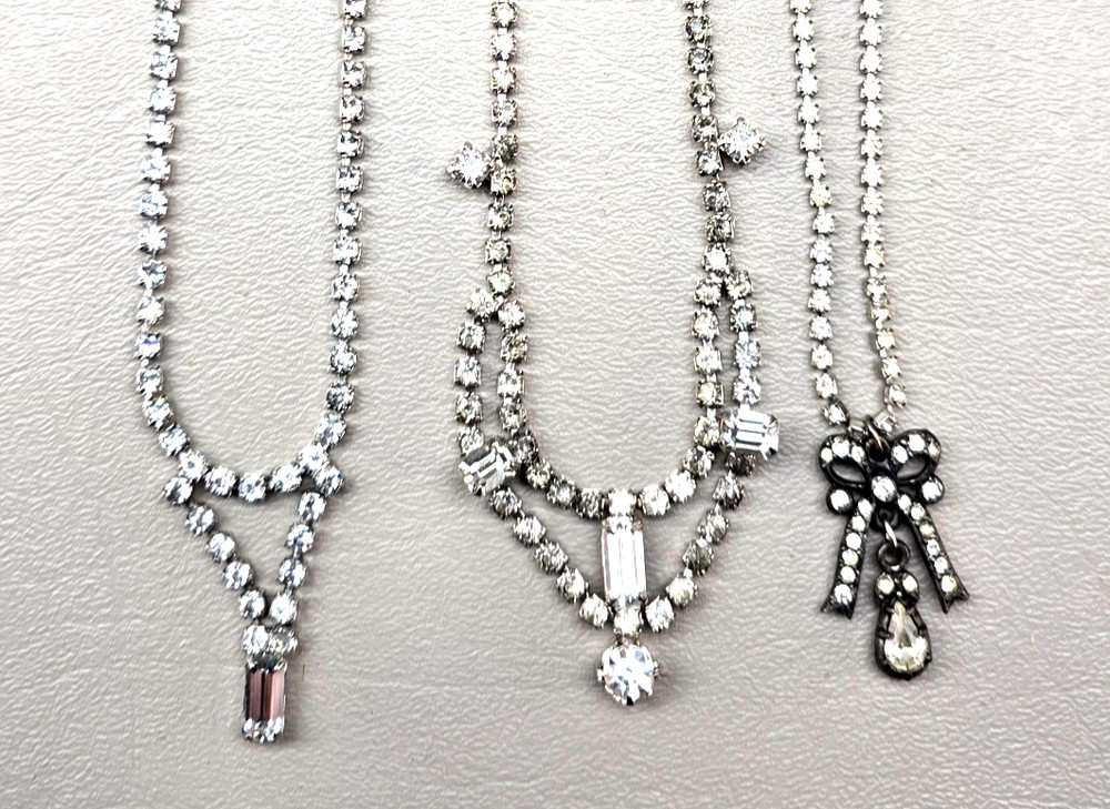 Vintage Rhinestone Necklace Lot Art Deco Style Bow Drop Pendant 14 Inch