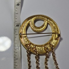 Tona Jewelry Signed Gold Design Swirl Brooch 4 Charms Dangling from 4 Chains