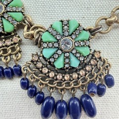 Vintage Antique Gold Tone Bib Necklace Floral Green Resin Navy Blue Bead Fringe