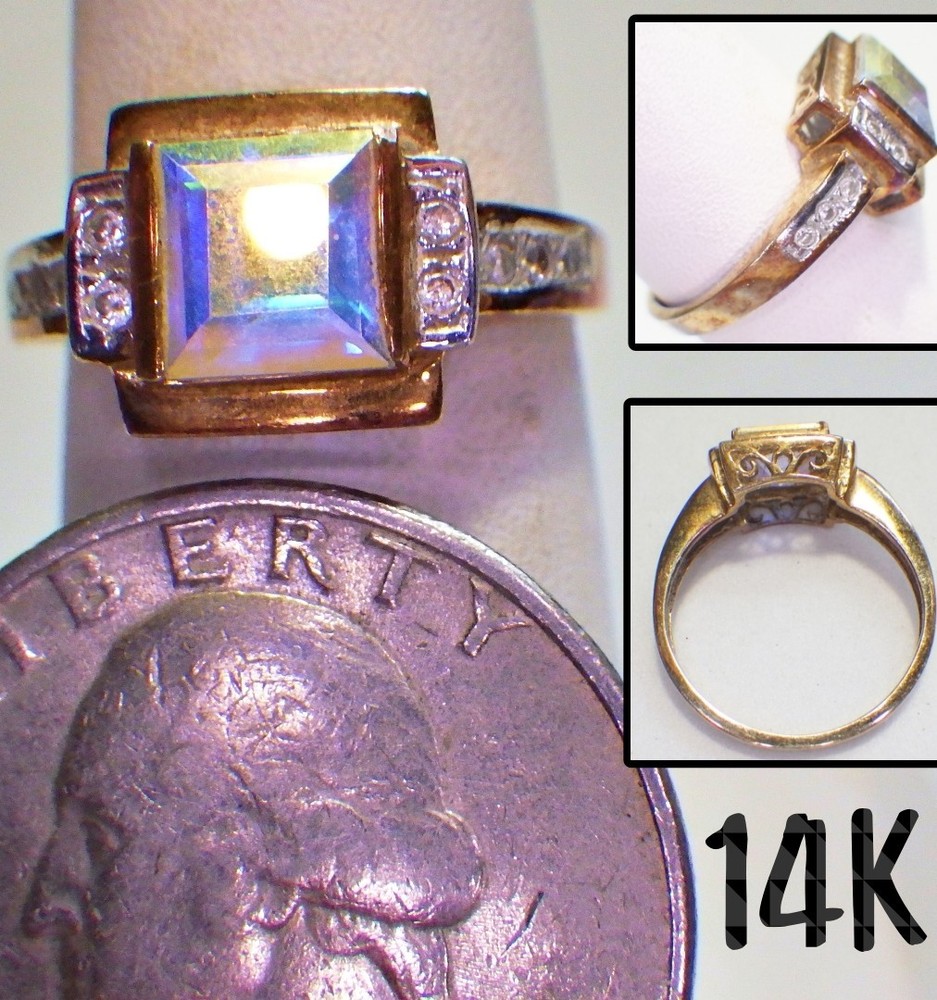 Vintage Signed 14K Gold Rainbow Iridescent w/10 Side Diamond Accents Sz 6.25