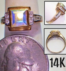 Vintage Signed 14K Gold Rainbow Iridescent w/10 Side Diamond Accents Sz 6.25