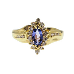 14k Solid Yellow Gold Natural Tanzanite and Diamond HALO Ring Size 6.75