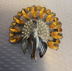 30s Vintage Pot Metal Peacock Brooch Amber Glass Marquise Pave Rhinestones 2.5″