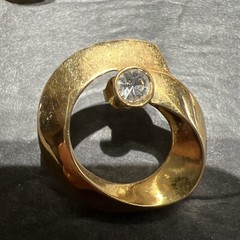 Vintage Gold Tone Pierced Earrings Shiny Round Swirl W/ Clear Rhinestone Accent