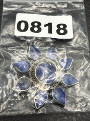 VTG Lapis Lazuli Silver Tone Flower Brooch Pin Nepal Sun Celestial Boho Ethnic