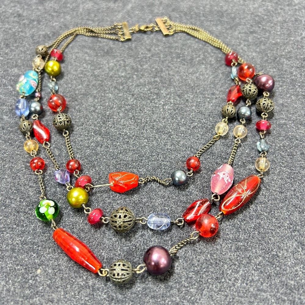 Avon SP Triple Strand Colorful Glass, Acrylic and Metal Beads Necklace