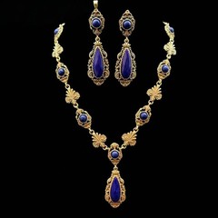 Vintage Lapis Lazuli Jewelry Set Gold Statement Necklace Earrings Royal Blue