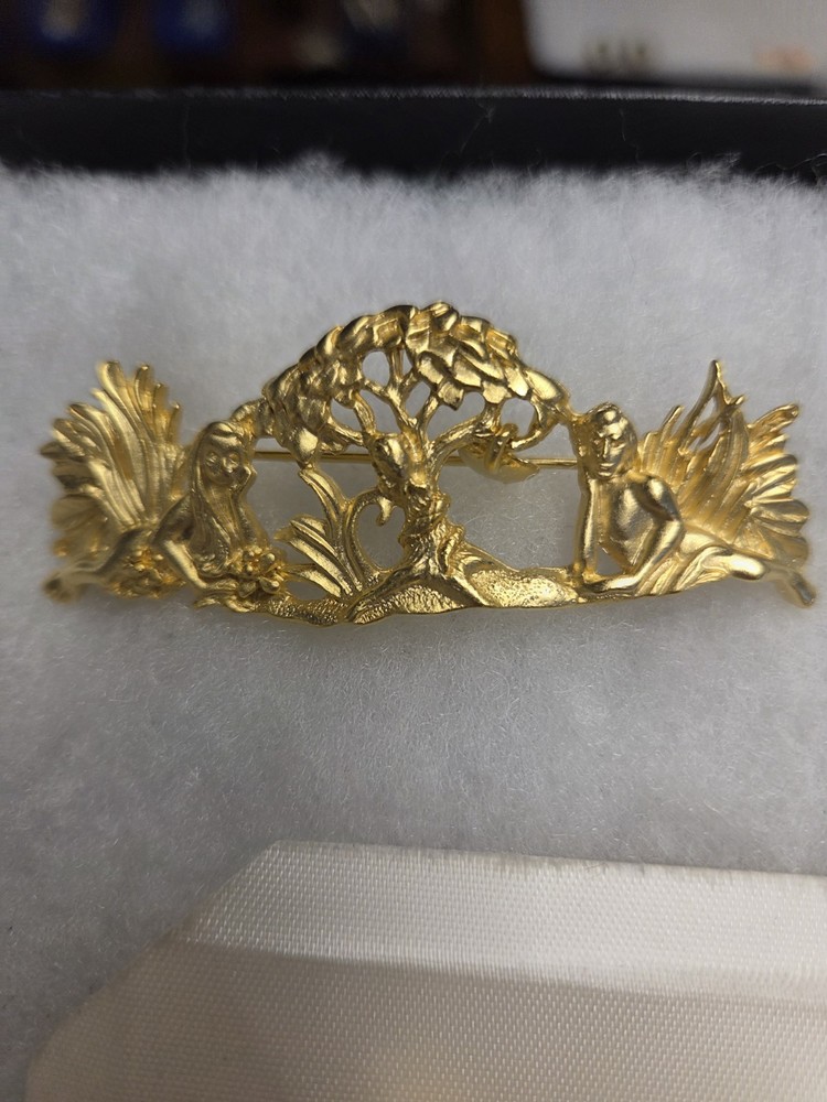 Vtg AJC nos gold tone Adam & Eve snake apple tree Pin