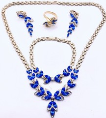 Rare Vintage Cobalt Sky Blue Crystal 4 Piece Necklace Bracelet Ring Earrings E2