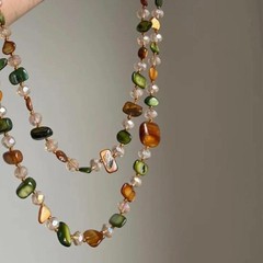 Bohemian Vintage Natural Stone Necklace Handmade Crystal Beads Double Layer