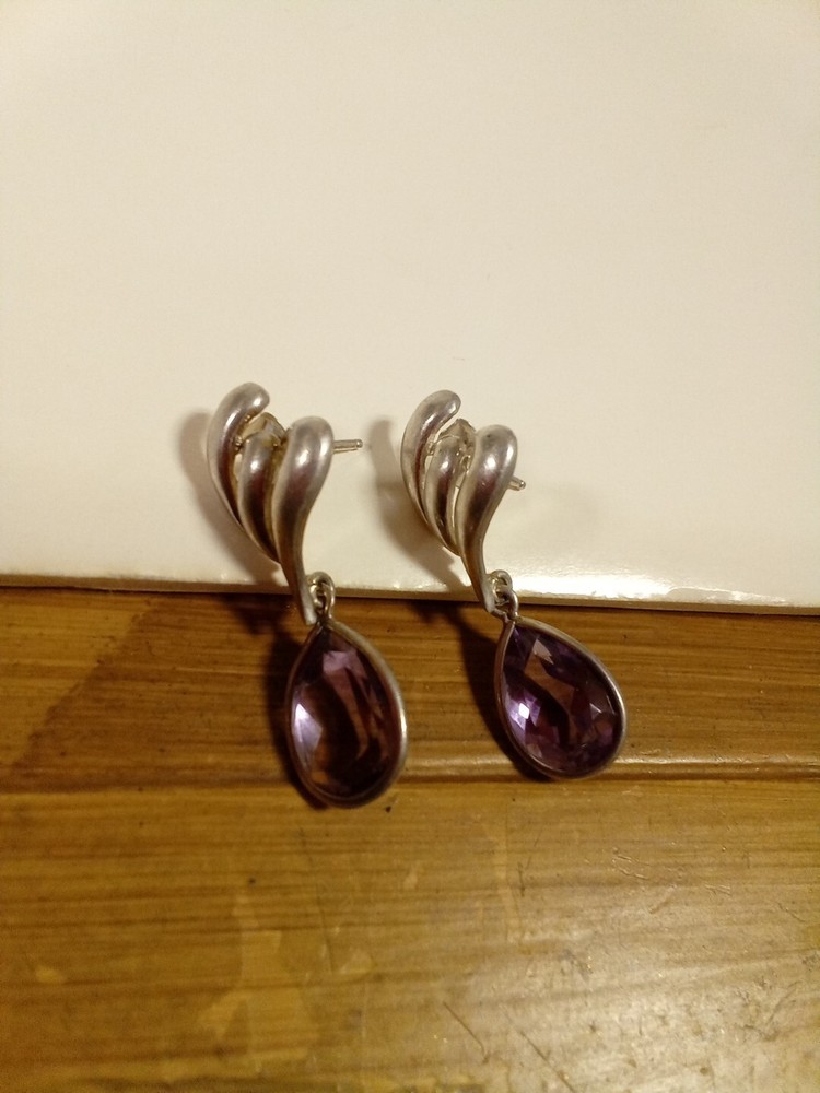 Vintage Sterling Silver Purple Stone Drop Dangle Earrings – F53