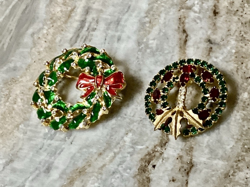VTG 2 Enameled & Jeweled Christmas Brooches-No Brand