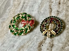 VTG 2 Enameled & Jeweled Christmas Brooches-No Brand