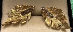 Gold Tone Leaf Earrings Blue Stones Pierced Post Vintage Estate Jewelry