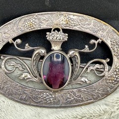 Vintage Sash Pin Brooch Grapes Flower Basket Purple Rhinestone