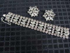 Vintage Silver Smoky Gray Navette Rhinestone Bracelet Earrings Set Kramer Style