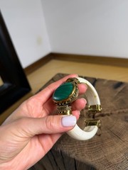 Antique Brass Buffalo Bone Cuff Bracelet Green Malachite Accent