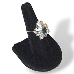 Vintage 18K HGE Blue Marquise CZ Starburst Ring Baguette Halo Cocktail Sz 9