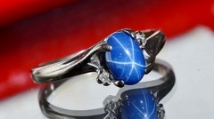 10k w/gold sz 5 ring 1.00ct lab created blue star sapphire diamond 1.72gr N3505